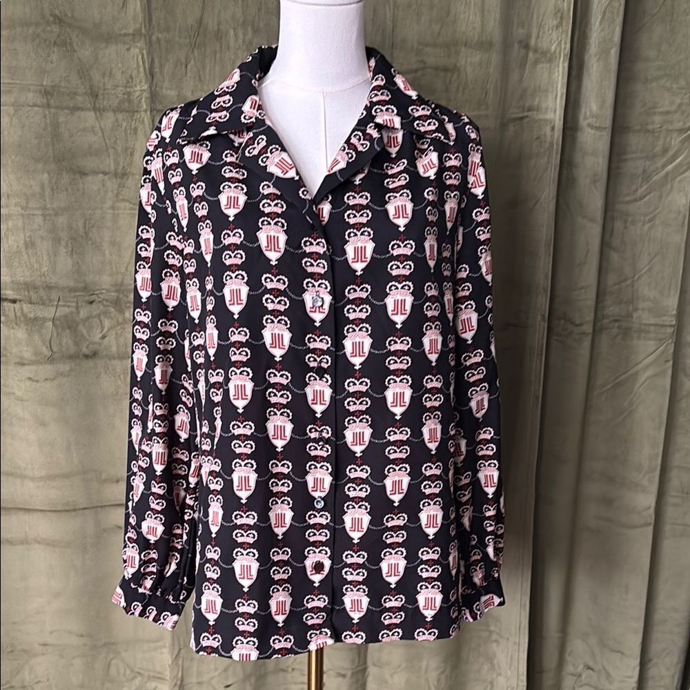 Lanvin vintage navy crown and shield JL logo silk blouse, M
